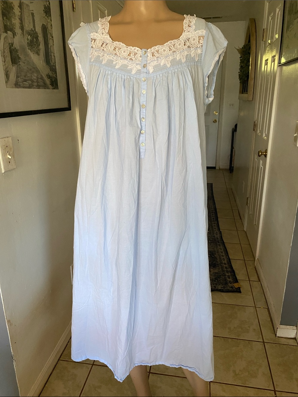 Eileen West Queen’s Anne Lace Pale Blue Nightgown with white Lace Yoke